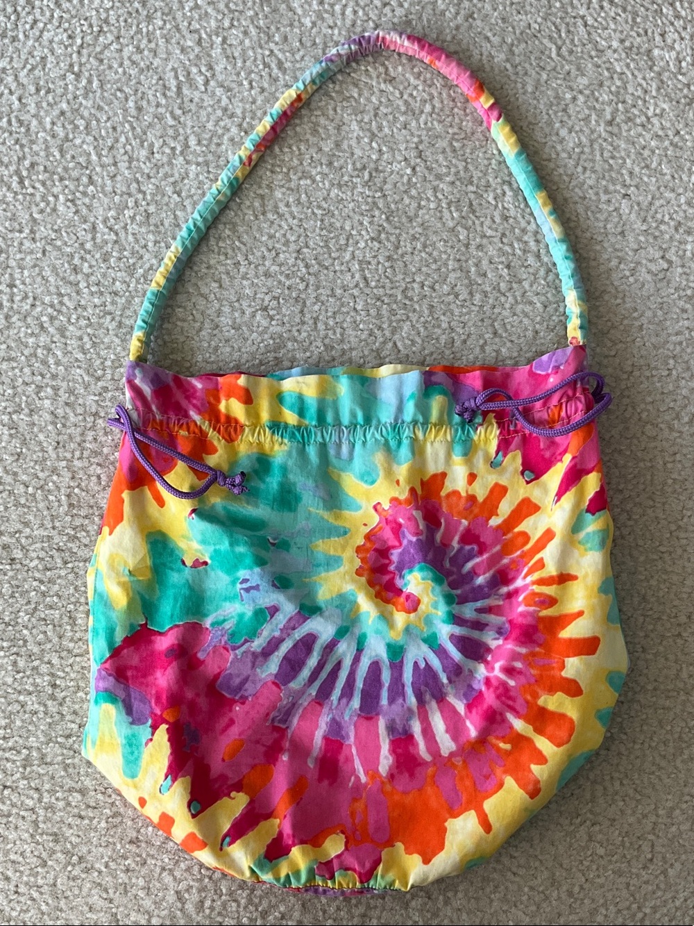American Girl Tie-Dye Drawstring Bucket Bag in Yellow, Turquoise & Pink
